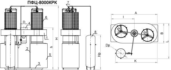Габаритные размеры пылеулавливающего агрегата ПФЦ-8000КРК