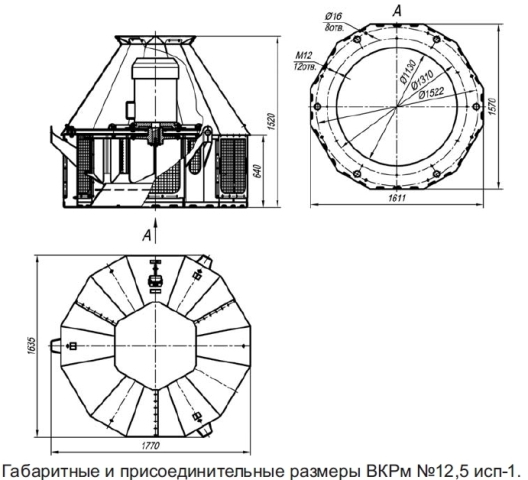 Вентилятор крышный ВКРМ №12,5. Габаритные и присоединительные размеры