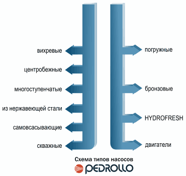Насосы Pedrollo, схема типов насосов Pedrollo.