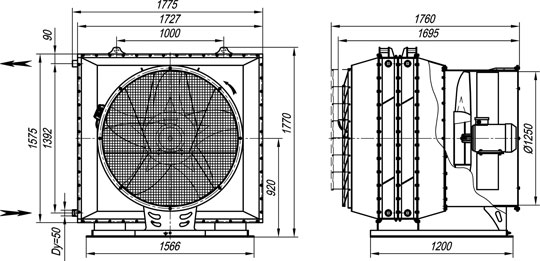 ЕВРОМАШ. Отопительное оборудование. Габаритные размеры агрегатов воздушно-отопительных АО2-50 с водяными калориферами