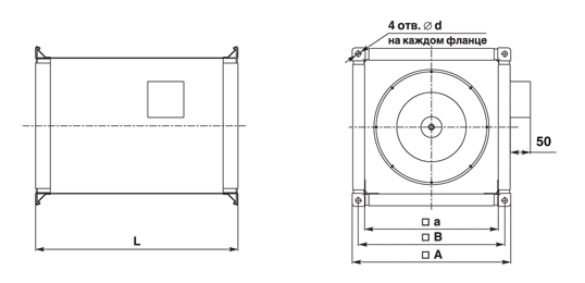 Габаритные и присоединительные размеры канальных радиальных вентиляторов Унивент - 1,6...4, исполнение 01