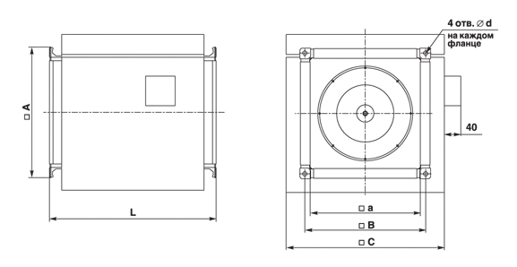 Габаритные и присоединительные размеры канальных радиальных вентиляторов Унивент - 1,6...4, исполнение 02