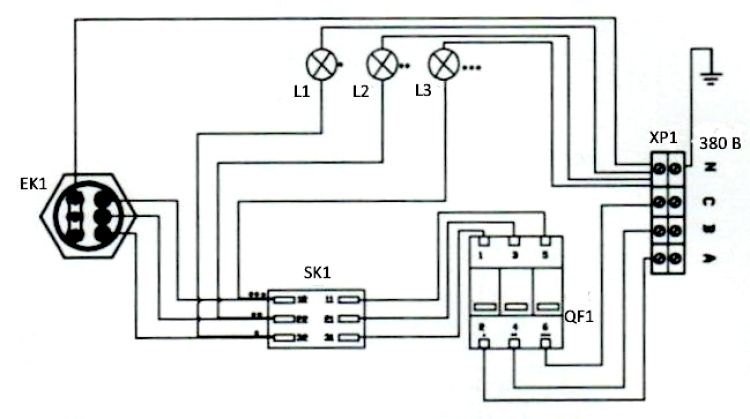 Схема подключения котлов ЕВРОТОП-М-9-380, ЕВРОТОП-М-12-380, ЕВРОТОП-М-15-380 на 380В