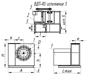 Габаритные размеры пылевых вентиляторов ВДП-RU. Исполнение 5