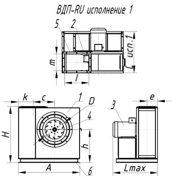 Габаритные размеры пылевых вентиляторов ВДП-RU. Исполнение 1