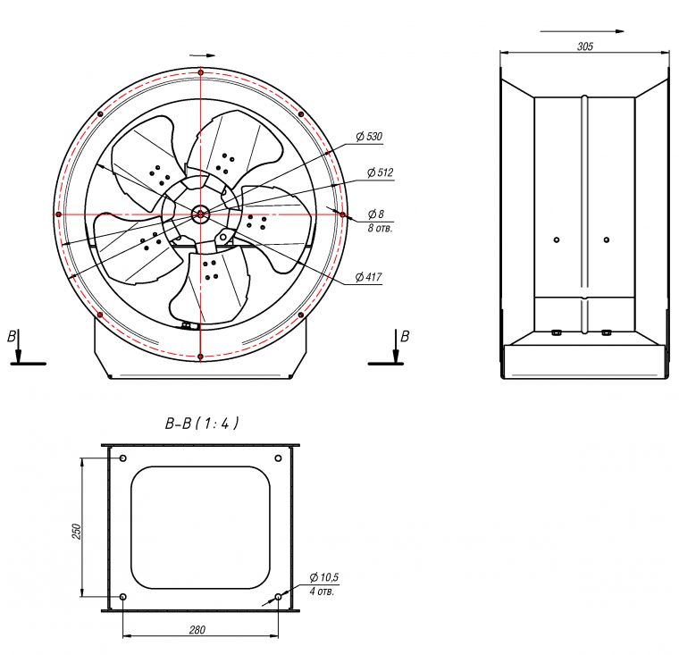 Габаритные размеры осевого струйного вентилятора ВС-10-400-4.