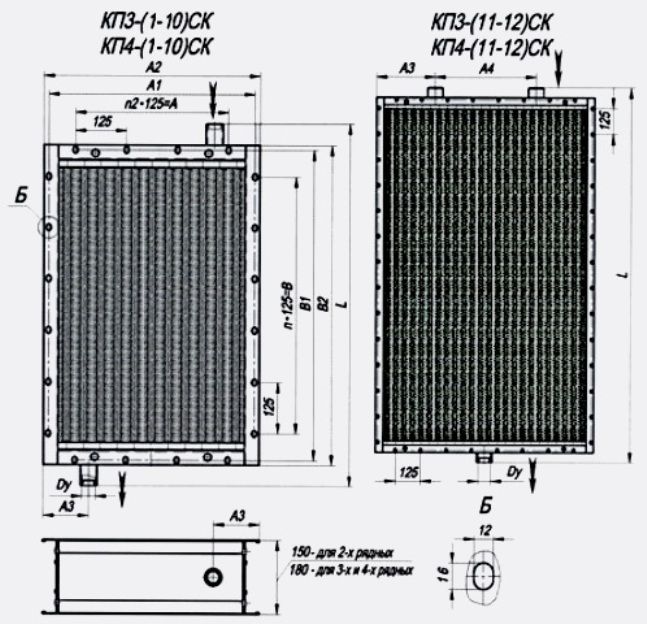 Габаритные и присоединительные размеры калориферов КПСК