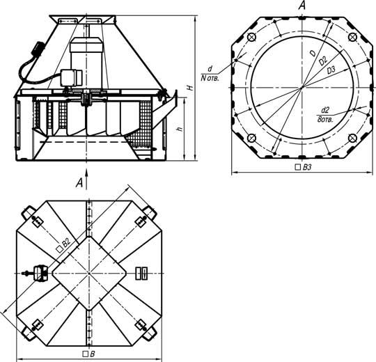 Габаритные размеры вентиляторов крышных ВКРСм №3,15-10