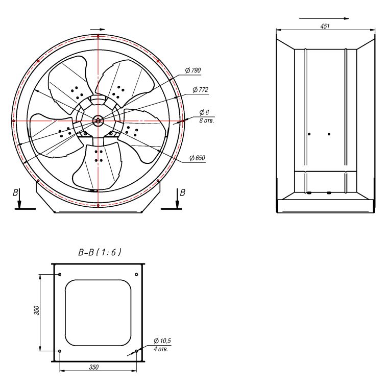 Габаритные размеры осевого струйного вентилятора ВС-10-400-6,3