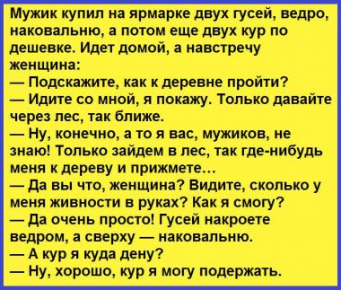 Мужик купил на ярмарке пару гусей, ведро, наковальню, а потом ещё двух кур по дешёвке. Идёт домой, а навстречу женщина...