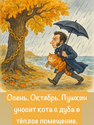 Пушкин уносит кота с дуба в теплое помещение